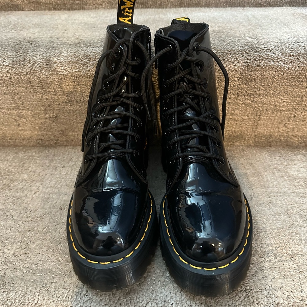 Dr. Martens Black Patent Leather Combat Boots with Yellow Stitching